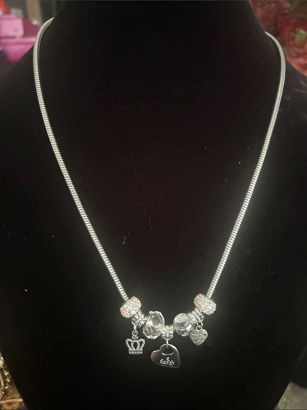 GG Silver Necklace with Crystal Rondelles and Crown & Heart Charms